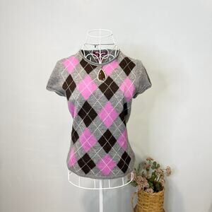 gorgeous vintage y2k caché cashmere grey argyle short sleeved sweater top